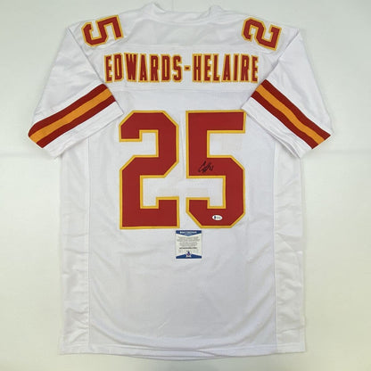 Autographed/Signed Clyde Edwards-Helaire Kansas City White Football Jersey Beckett BAS COA