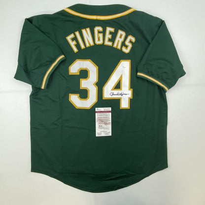 Autographed/Signed Rollie Fingers Oakland Green Baseball Jersey JSA COA