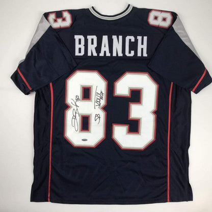 Autographed/Signed Deion Branch Super Bowl XXXIX MVP New England Blue Football Jersey Tristar COA