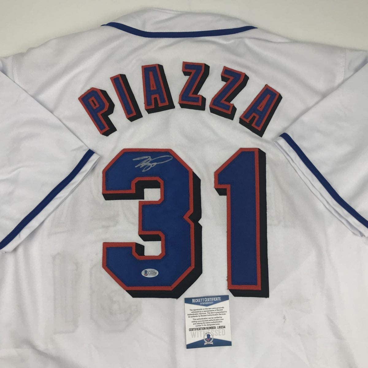 Autographed/Signed Mike Piazza New York NY White Baseball Jersey Beckett BAS COA
