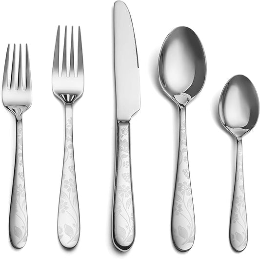 40 Piece Silverware Set Service for 8, EIUBUIE Premium Stainless Steel Cutlery Set, Mirror Polished Flatware Sets with Pattern Handle, Modern Kitchen Eating Utensils Set Include Spoons Forks Knives