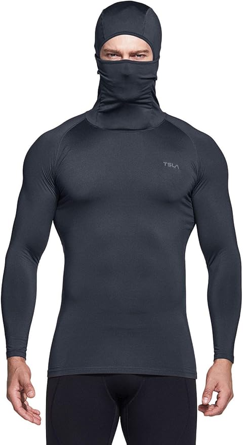 TSLA Men's Thermal Compression Shirts Hoodie with Mask, Long Sleeve Winter Sports Base Layer Top, Active Running Shirt