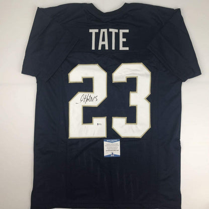 Autographed/Signed Golden Tate Notre Dame Blue College Football Jersey Beckett COA