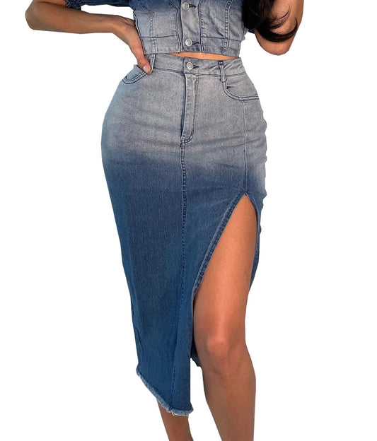 Gradient Midi Jean Skirts for Women Long Denim Skirt with Slit Pockets Stretch High Waist Pencil Jean Skirt