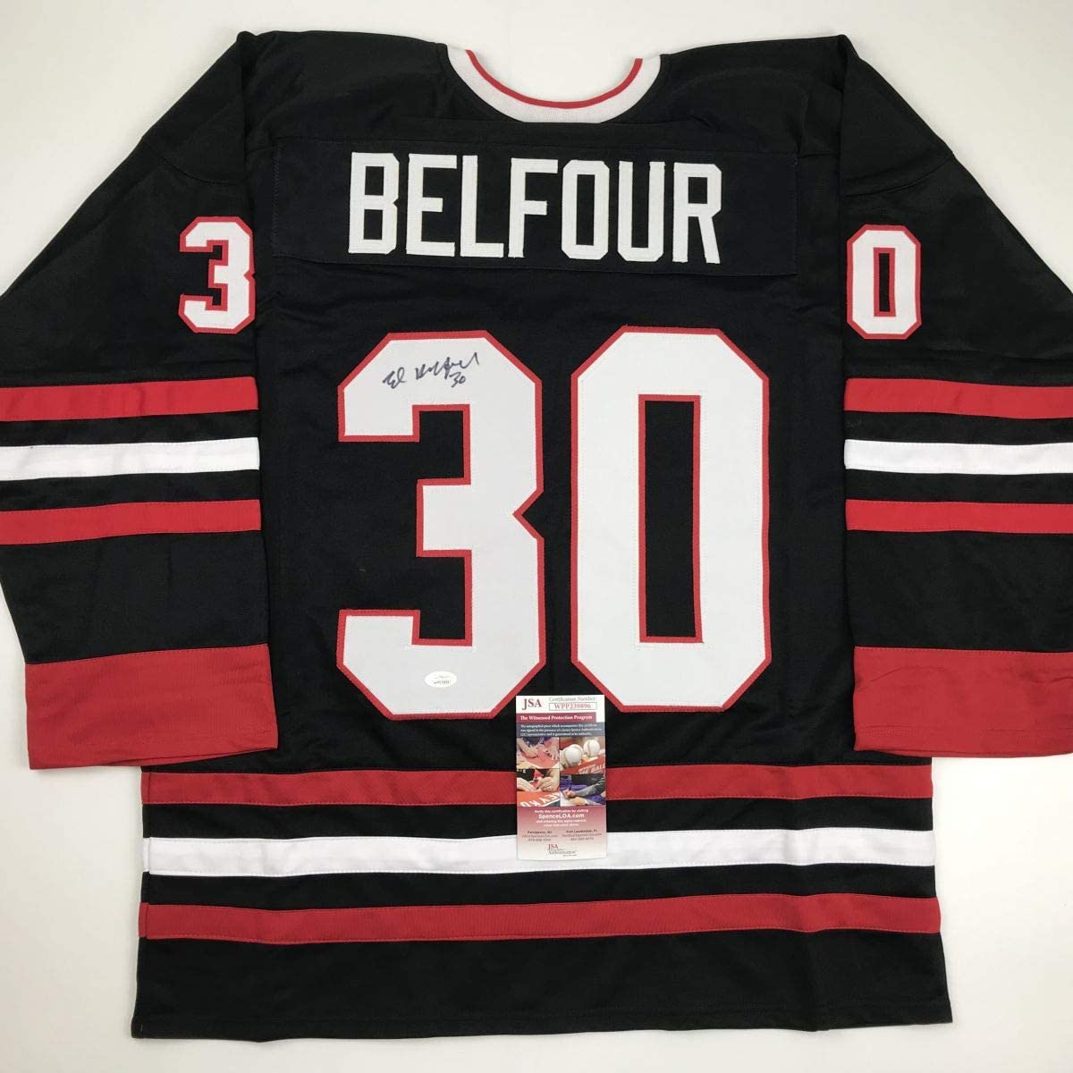 Autographed/Signed Ed Belfour Chicago Black Hockey Jersey JSA COA