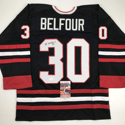 Autographed/Signed Ed Belfour Chicago Black Hockey Jersey JSA COA