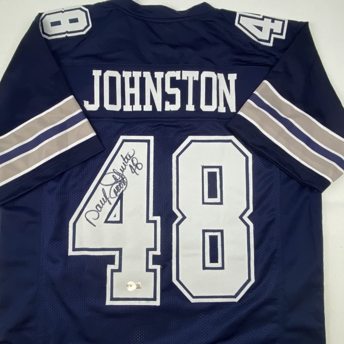 Autographed/Signed Daryl Moose Johnston Dallas Blue Football Jersey Beckett BAS COA