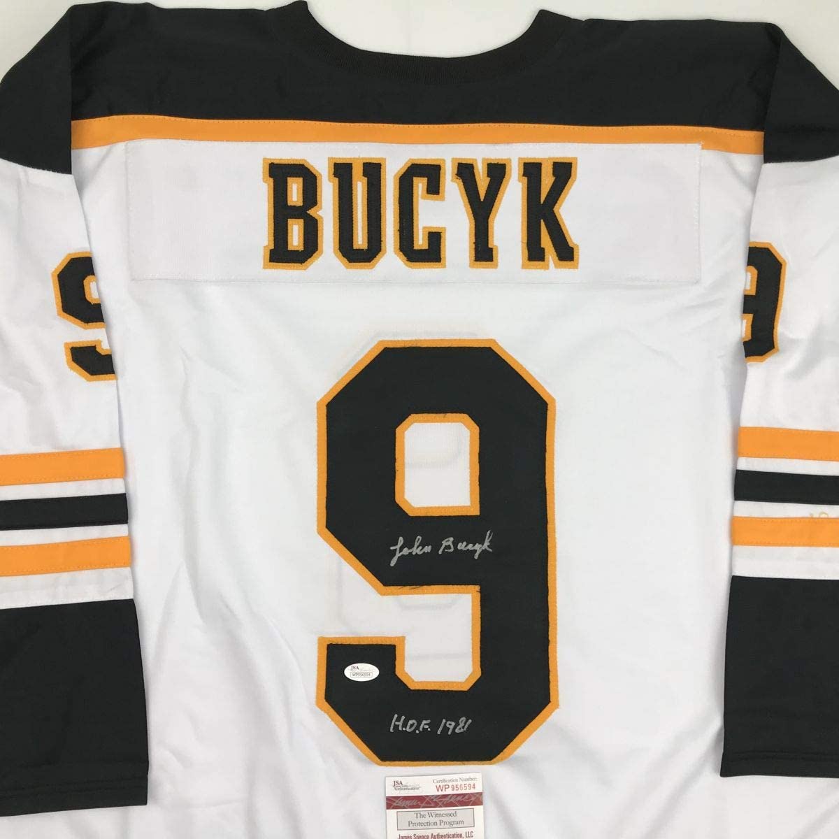 Autographed/Signed Johnny John Bucyk HOF 1981 Boston White Hockey Jersey JSA COA