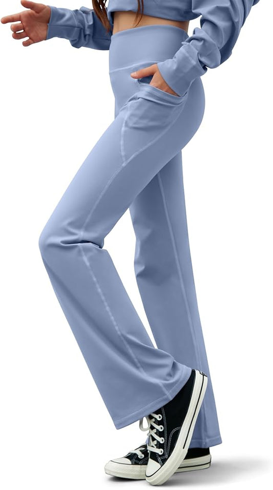Girl's Flare Leggings with Pockets High Waisted Yoga Bootcut Pants Kids Stretchy Dance Pants Activewear for Teens