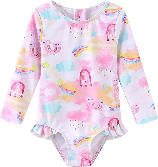 Baby Girls One Piece Swimsuits Long Sleeve Rash Guard for Kids Girls UPF 50+ Sun Protection Swimshirts