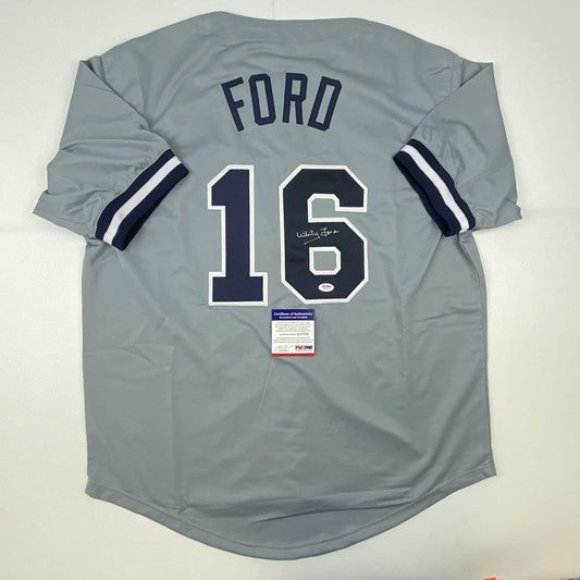 Autographed/Signed Whitey Ford New York Grey Baseball Jersey PSA/DNA COA