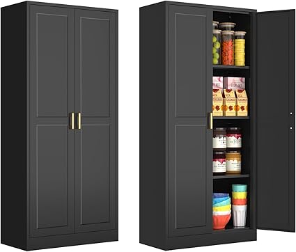 60 Inch Tall Pantry Cabinet, Metal Kitchen Storage Cabinet with Doors and Shelves, Black Cupboard for Food Storage, Freestanding Cabinet for Living Room, Dining Room - Assembly Required