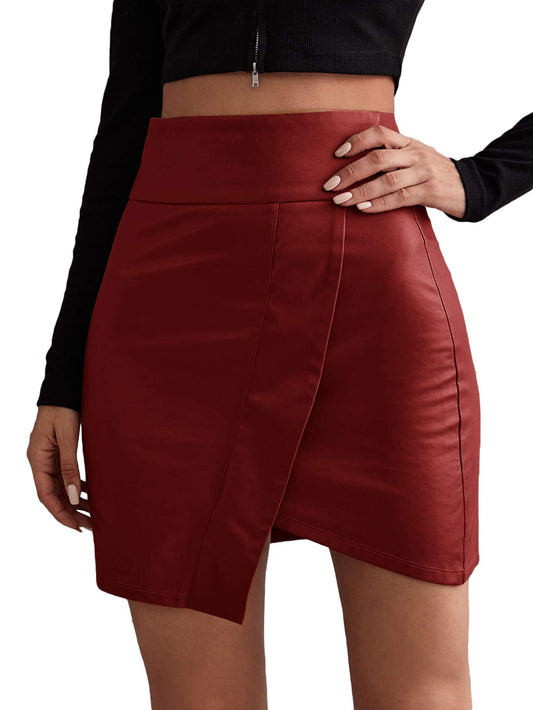 Floerns Women's Solid High Waist Asymmetrical Hem Bodycon PU Leather Skirt Burgundy XL