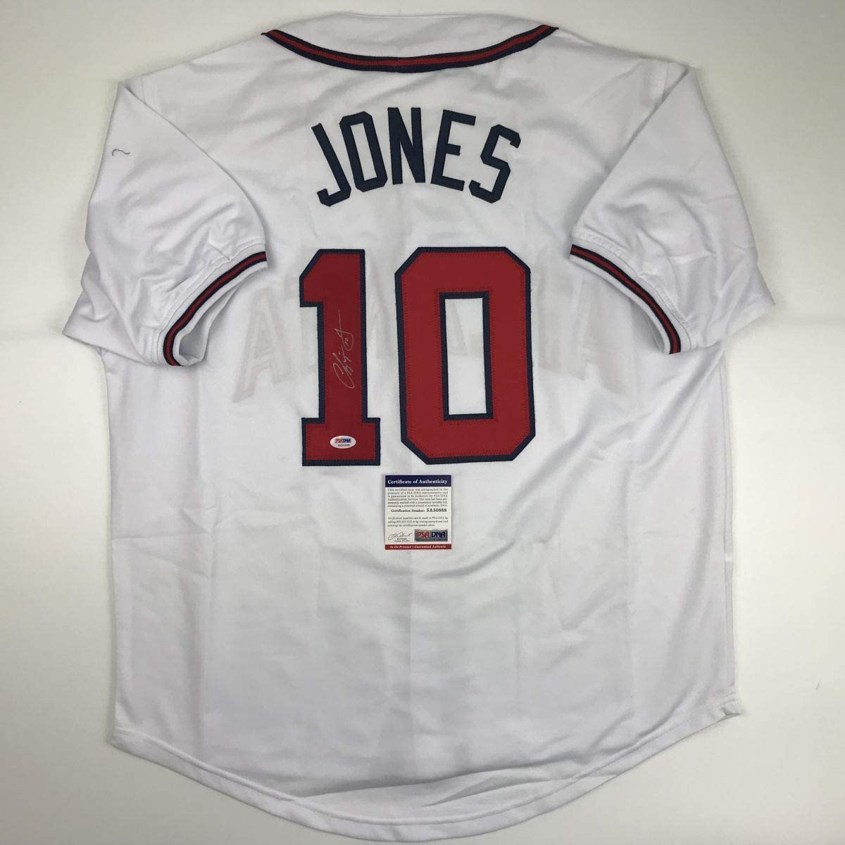 Autographed/Signed Chipper Jones Atlanta White Baseball Jersey PSA/DNA COA