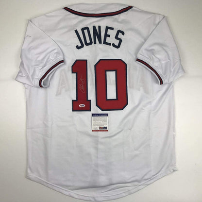 Autographed/Signed Chipper Jones Atlanta White Baseball Jersey PSA/DNA COA