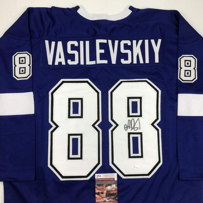 Autographed/Signed Andrei Vasilevskiy Tampa Bay Blue Hockey Jersey JSA COA