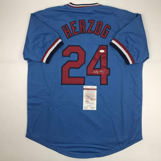 Autographed/Signed Whitey Herzog St. Louis Blue Baseball Jersey JSA COA