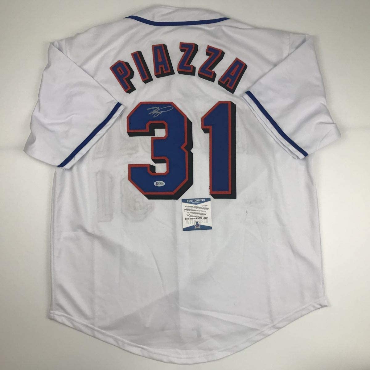 Autographed/Signed Mike Piazza New York NY White Baseball Jersey Beckett BAS COA