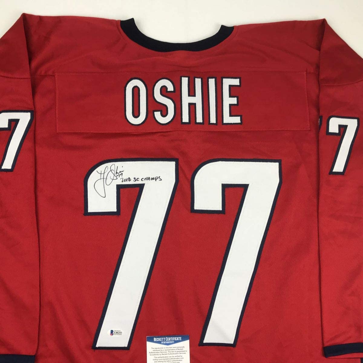 Autographed/Signed TJ T.J. Oshie 2018 SC Champs Washington Custom Red Hockey Jersey Beckett BAS COA