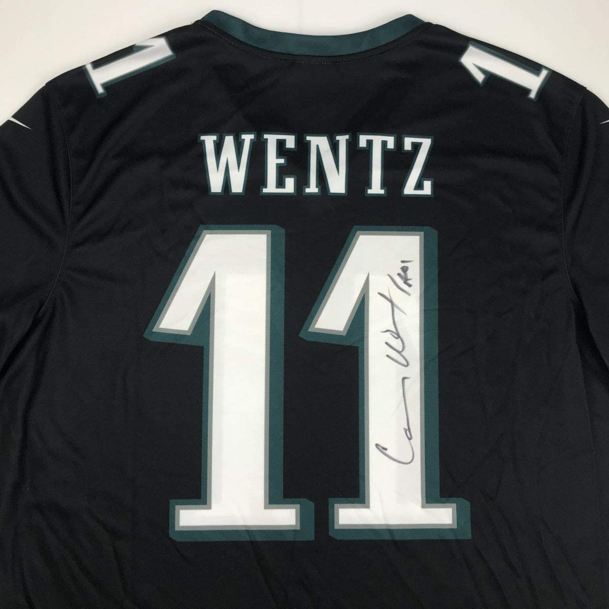 Autographed/Signed Carson Wentz Philadelphia Eagles Black Nike Dri Fit Football Jersey Fanatics COA