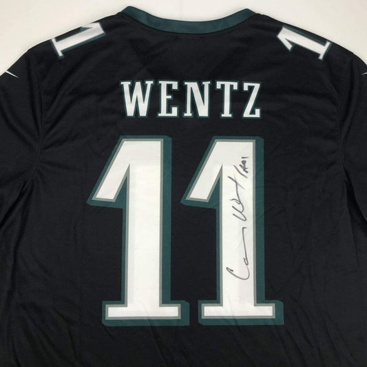 Autographed/Signed Carson Wentz Philadelphia Eagles Black Nike Dri Fit Football Jersey Fanatics COA