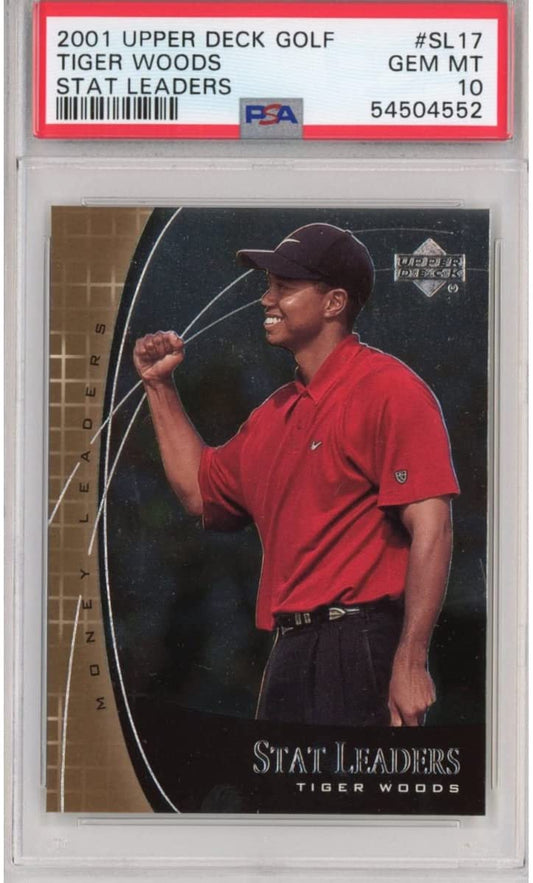Graded 2001 Upper Deck UD Golf Tiger Woods #SL17 Stat Leaders Rookie RC Golf Card PSA 10 Gem Mint