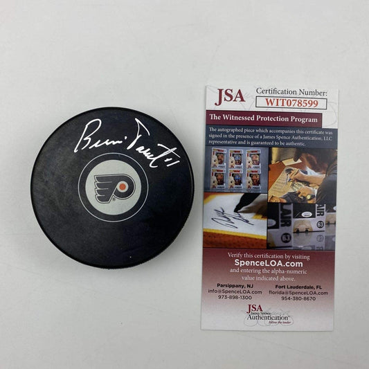 Autographed/Signed Bernie Parent Philadelphia Flyers Logo Hockey Puck JSA COA