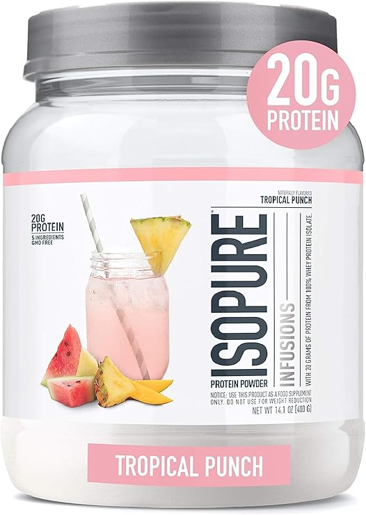 Isopure Clear Whey Isolate Protein Powder Infusions, Lactose Free, Gluten Free, Naturally Flavored, Tropical Punch, 20g Protein Per Serving, 14.1 Oz, 16 Servings