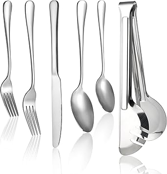 24 Pcs Stainless Steel Flatware Set Forks Spoons Tongs and Knives Silverware Set Kitchen Utensils Set Steak Knife Set(Cutlery Set for 4) (silver)