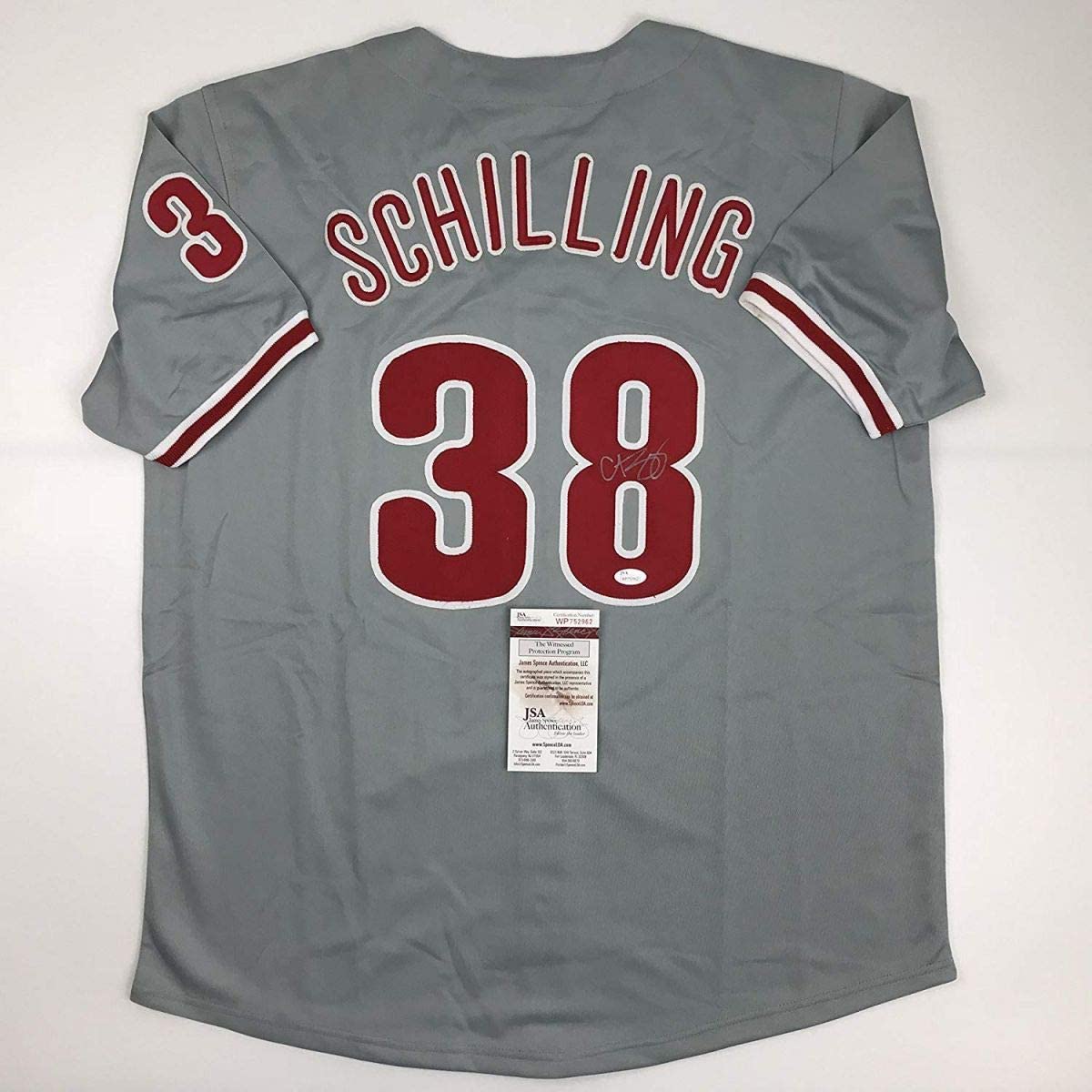 Autographed/Signed Curt Schilling Philadelphia Grey Baseball Jersey JSA COA - Triathlete Store