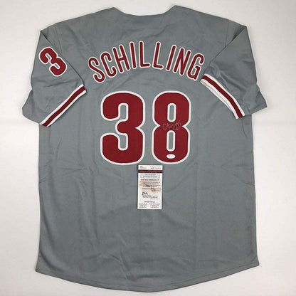 Autographed/Signed Curt Schilling Philadelphia Grey Baseball Jersey JSA COA - Triathlete Store