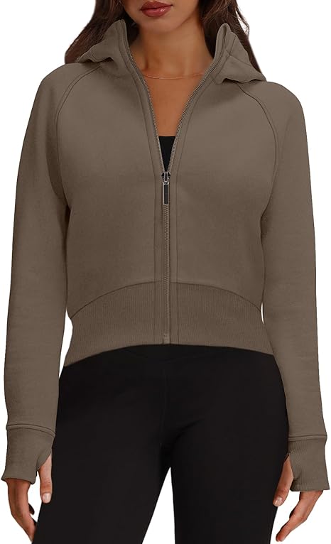 XIEERDUO Womens Zip Up Hoodie Cropped Sweatshirts Thumb Hole Fleece Jackets