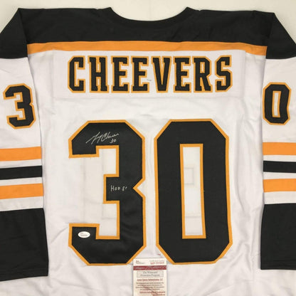 Autographed/Signed Gerry Cheevers HOF 85  Boston White Hockey Jersey JSA COA