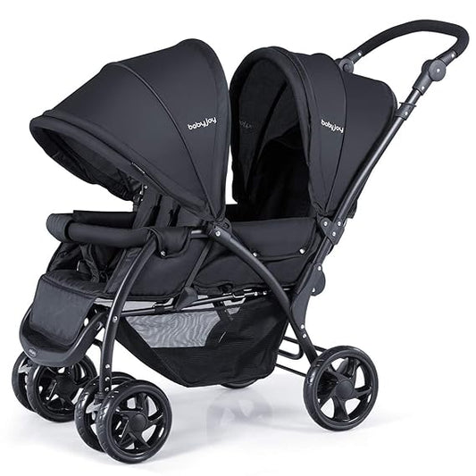 BABY JOY Double Stroller, Foldable Lightweight Twin Stroller with Tandem Seating, Adjustable Backrest/Canopy/Footrest, 5-Point Harness, Storage Basket, Double Stroller Newborn and Toddler (Black)