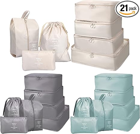 21 Set Packing Cubes Travel Luggage Suitcases Organizer Bags Traveling Trip Essentials cubes with Toiletry Bag and Shoes Bag (Beige, Gray, Lake Blue)