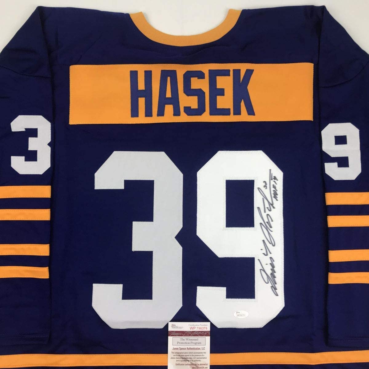 Autographed/Signed Dominik Hasek HOF 14 Buffalo Alternate Blue Hockey Jersey JSA COA