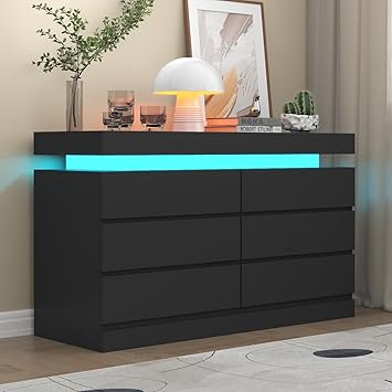 6 Drawer Dresser with Power Outlet, Black Dresser with LED Light, Modern Chest of Drawers for Closet, Double Wide Drawer Organizer Cabinet for Bedroom, Living Room, Entryway, Hallway
