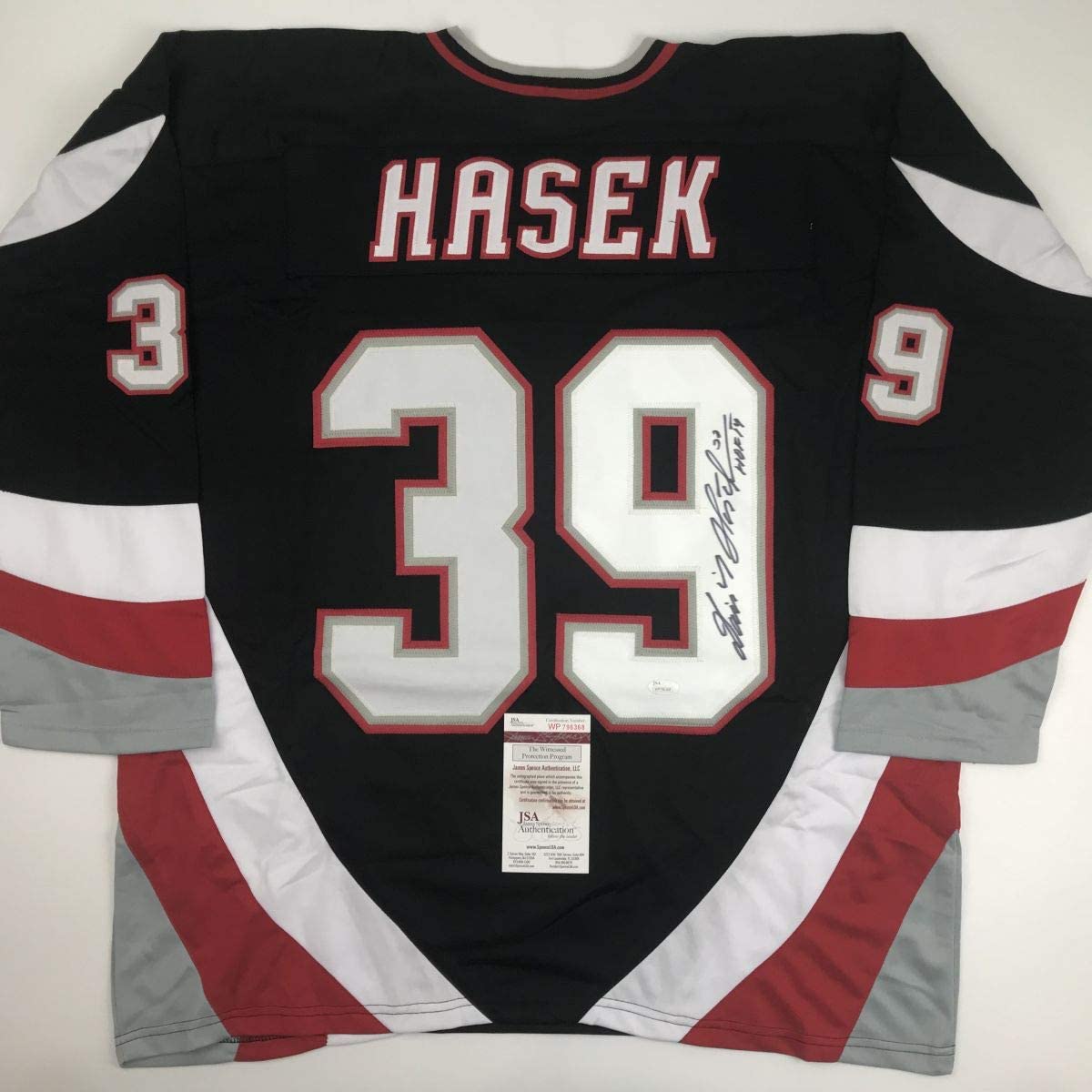 Autographed/Signed Dominik Hasek HOF 14 Buffalo Black Hockey Jersey JSA COA