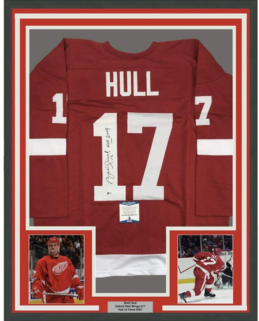 Framed Autographed/Signed Brett Hull HOF 2009 35x39 Detroit Red Hockey Jersey Beckett BAS COA