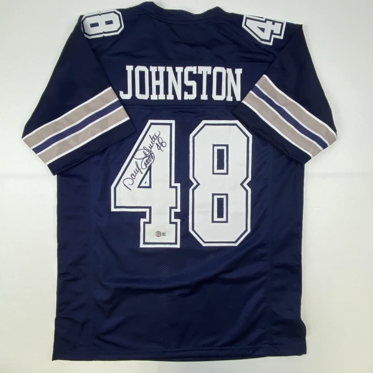 Autographed/Signed Daryl Moose Johnston Dallas Blue Football Jersey Beckett BAS COA