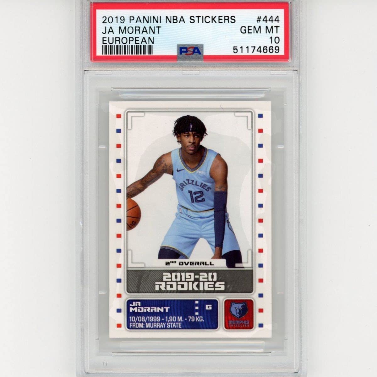 Graded 2019-20 Panini NBA Stickers Ja Morant #444 European Rookie RC Basketball Card PSA 10 Gem Mint