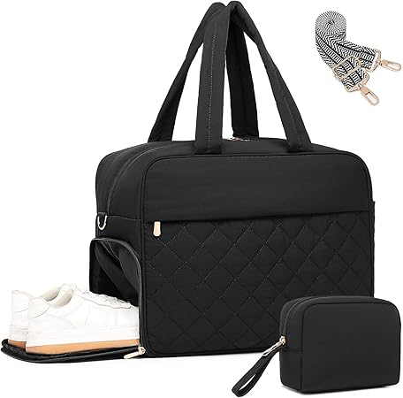 BAVERGE Travel Duffle Bag, Quilted Puffy Overnight Weekender Bags for Women with Shoe Compartment, Puffer Gym Yoga Bag for Carrying Personal Items, Carry-on Tote Duffel Bag with Luggage Sleeve