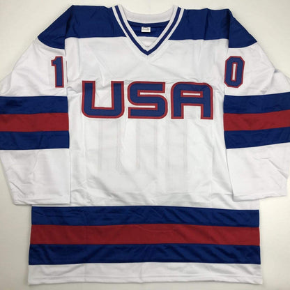 Autographed/Signed Mark Johnson White Team USA Miracle On Ice 1980 Olympics Hockey Jersey JSA COA