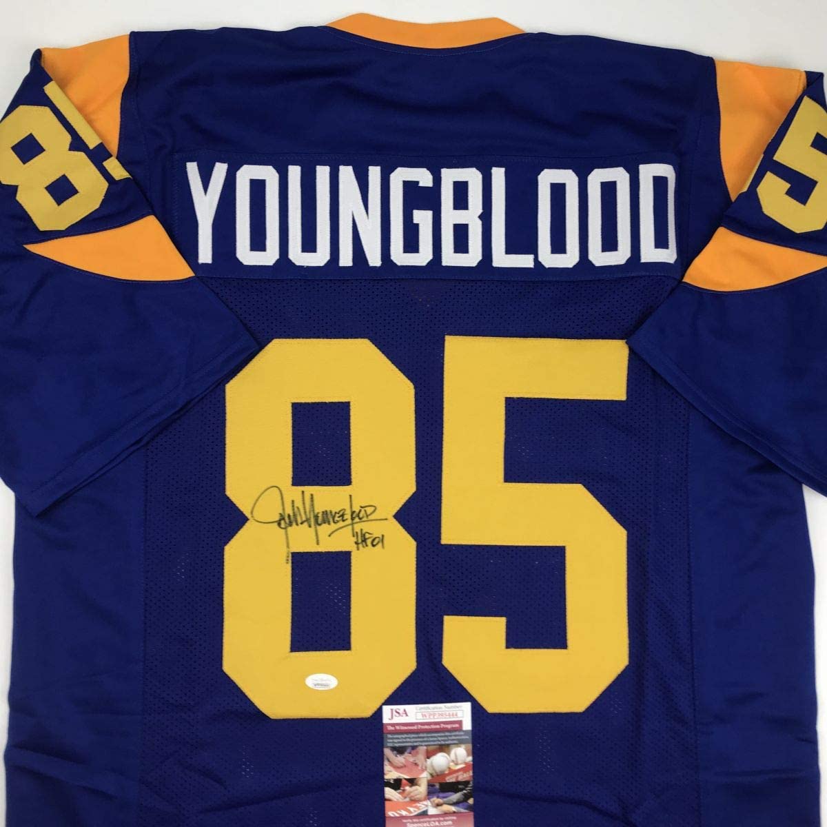 Autographed/Signed Jack Youngblood HOF 01 Los Angeles LA Blue Football Jersey JSA COA