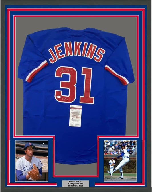 Framed Autographed/Signed Ferguson Fergie Jenkins 35x39 HOF 91 Chicago Blue Baseball Jersey JSA COA
