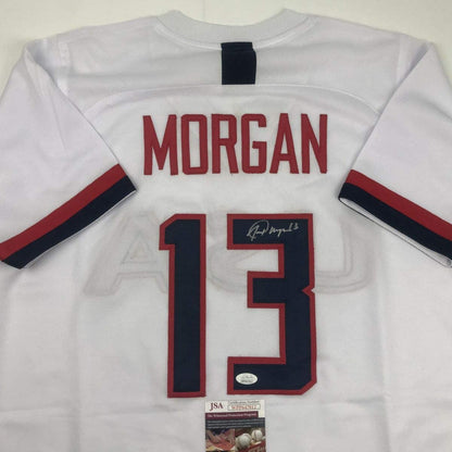 Autographed/Signed Alex Morgan White Soccer Team USA World Cup Jersey JSA COA