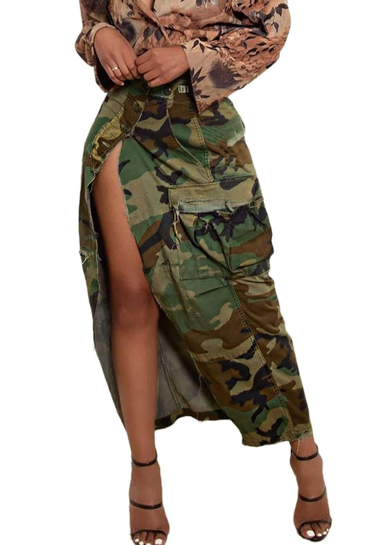 Women's Camo Cargo Skirt Y2K Trendy High Split Camouflage Casual Maxi Long Skirts with Pockets