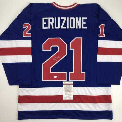 Autographed/Signed Mike Eruzione Blue Team USA Miracle On Ice 1980 Hockey Jersey JSA COA