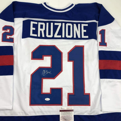 Autographed/Signed Mike Eruzione White Team USA Miracle On Ice 1980 Hockey Jersey JSA COA