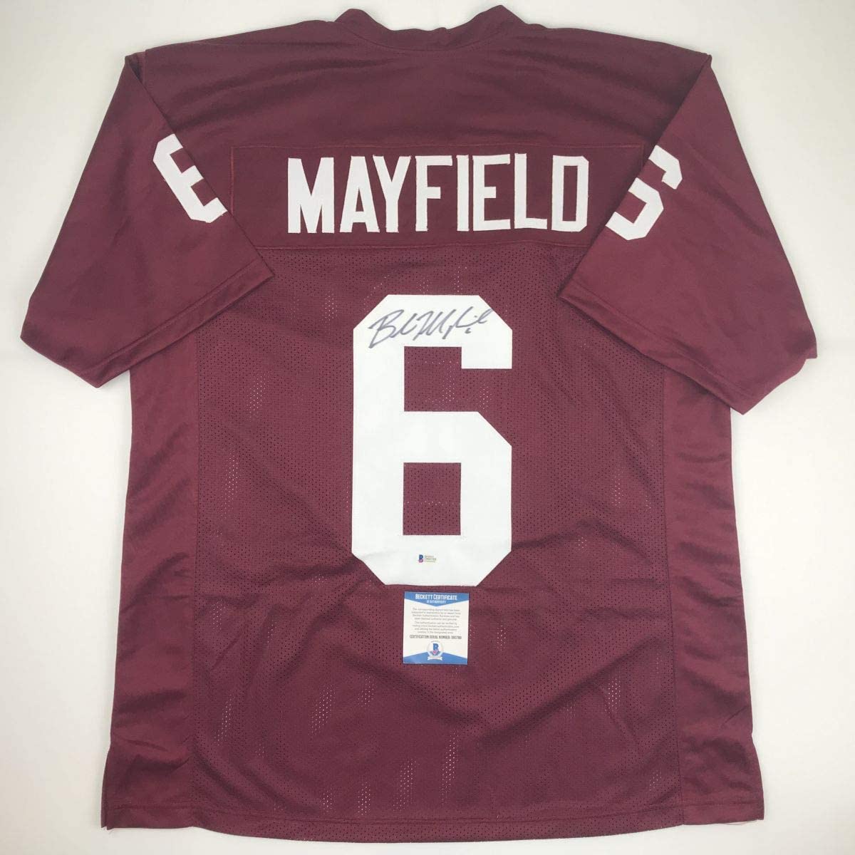 Autographed/Signed Baker Mayfield Oklahoma Crimson College Football Jersey Beckett BAS COA